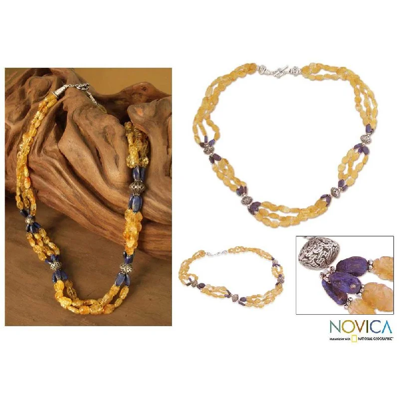 Vivid druzy necklaces-Handmade Sterling Silver 'Sunny Sky' Citrine and Lapis Long Necklace (India)