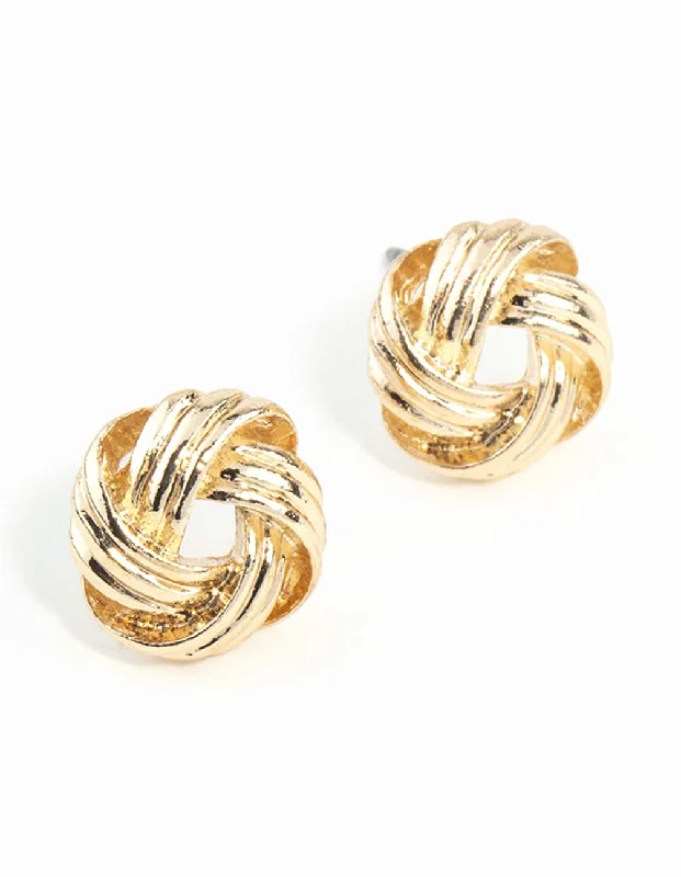 Curved design earrings-Gold Textured Knot Stud Earrings