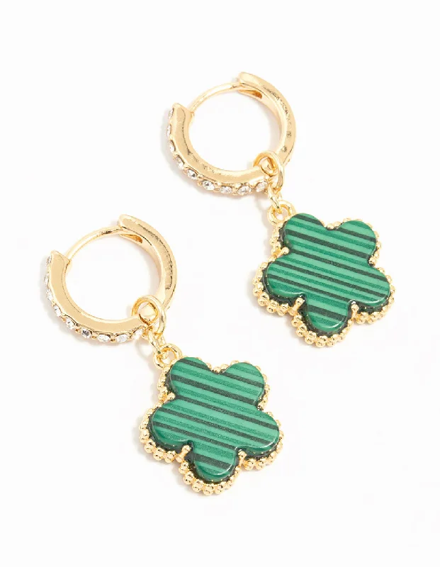 Aged bronze earrings-Gold Plated Emerald Clover Hoop Drop Earrings