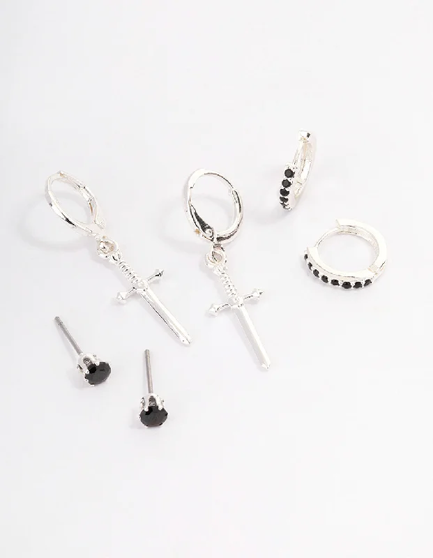 Wide hoop earrings-Silver Plated Brass  Cubic Zirconia Dagger Huggie Earrings Pack