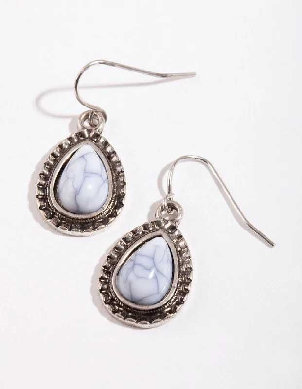 Wave design earrings-Antique Silver Etched Tear Simple Drop Earrings