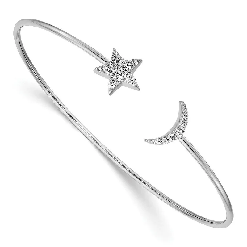 Bamboo weave bangles-Curata 9mm 14k White Gold Diamond Celestial Moon and Star Flexible Cuff Stackable Bangle Bracelet