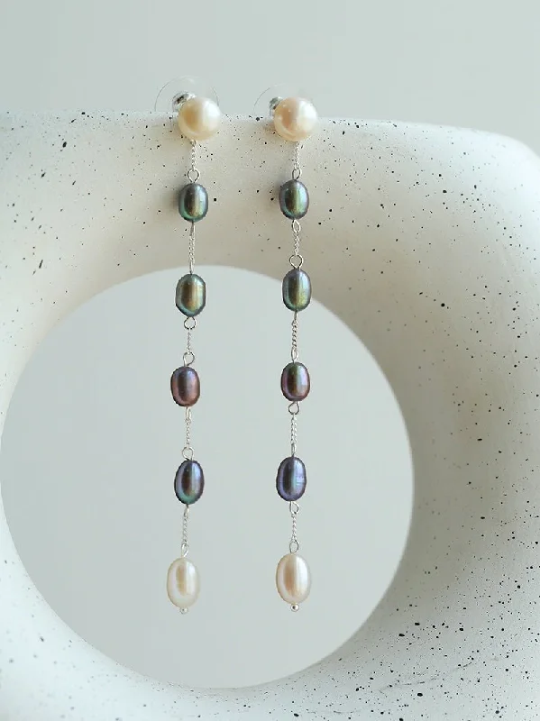 Trekker braid earrings-Iridescent Pearl Two-Tone Long Dangle Earrings