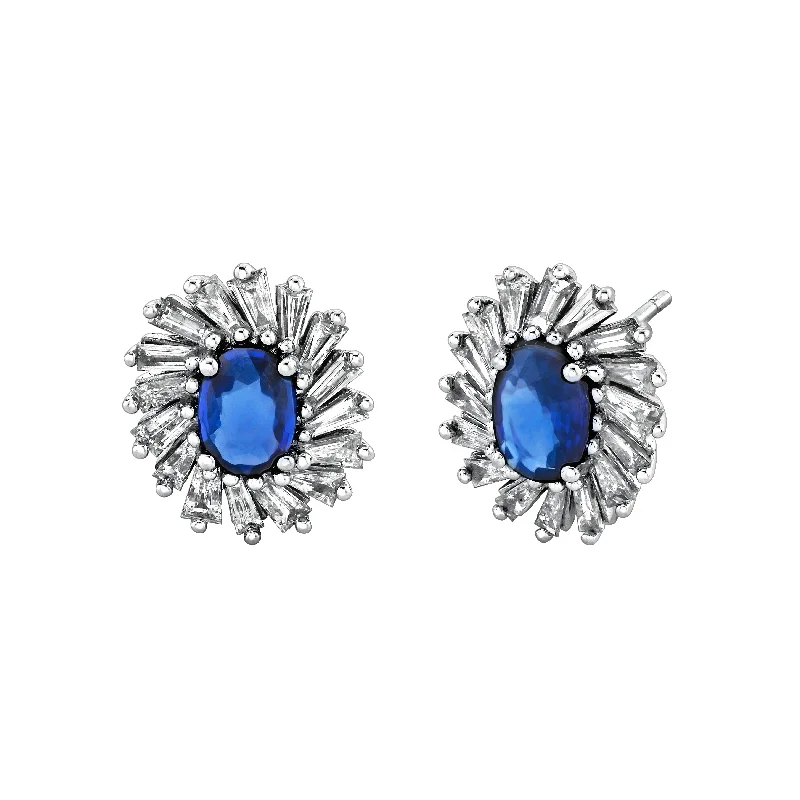 Worn medallion earrings-Sapphire and Baguette Halo Studs