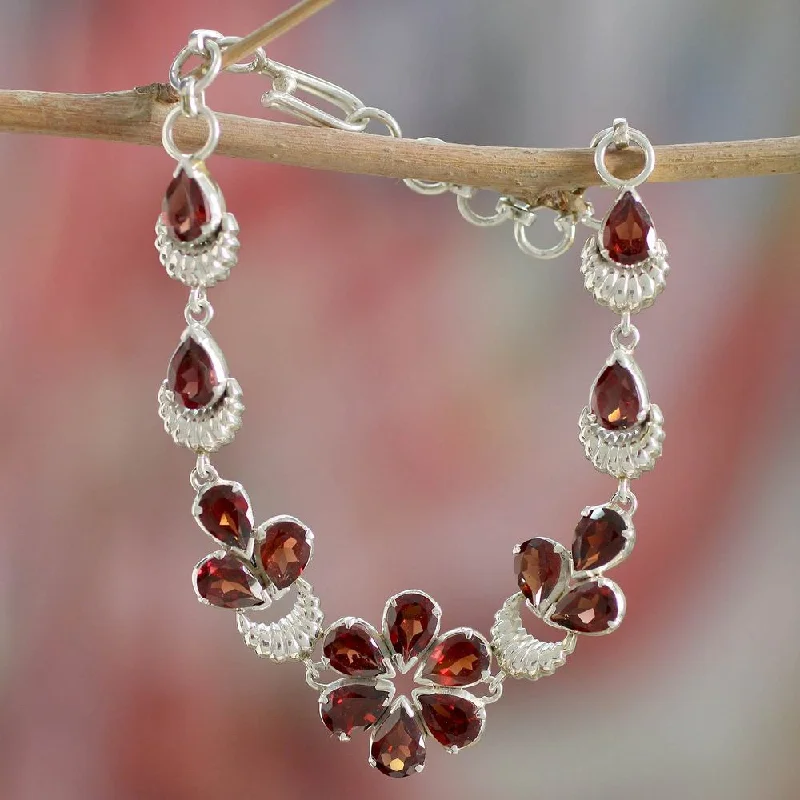 Fox motif bangles-Handmade Sterling Silver 'Cherry Blossom' Garnet Bracelet (India)