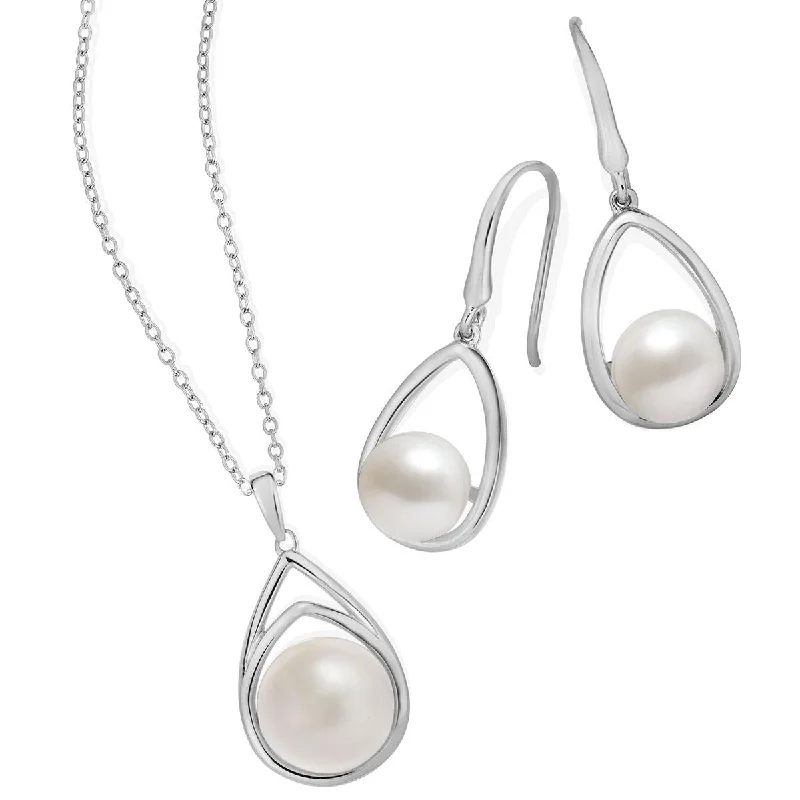 Thick hoop earrings-Pearl Earring & Pendant Set