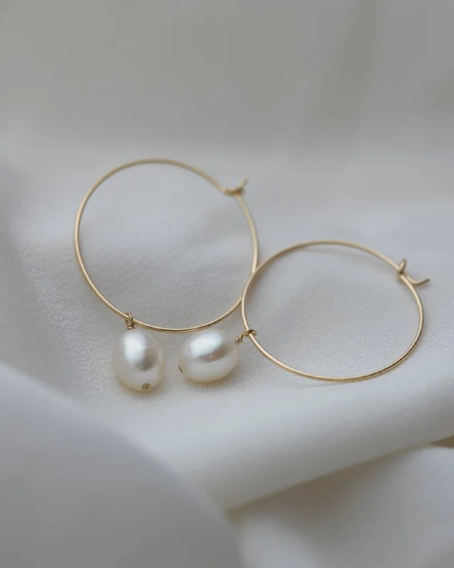 Light clay earrings-Freshwater Pearl Wire Hoop Earrings