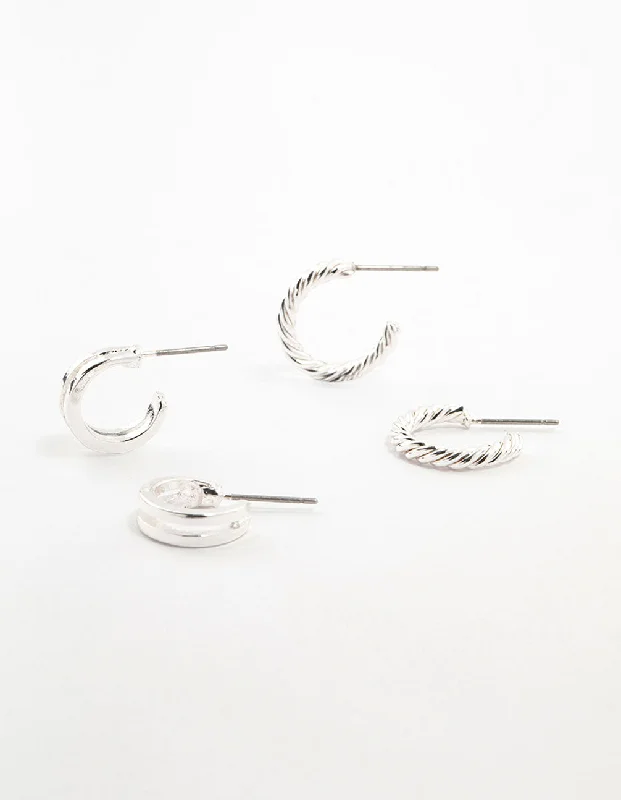 Retro clip earrings-Double Silver Hoop & Spiral Earrings 2-Pack