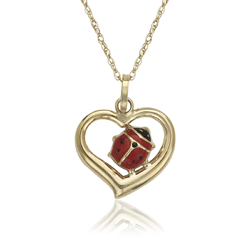 Floating gem necklaces-Curata 14k Yellow Gold 18" 18.5x14.mm Enamel Ladybug Heart Charm Necklace