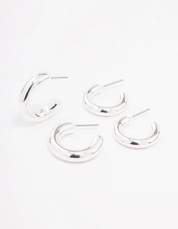 Silk cord earrings-Silver Chubby Hoop Earring Pack