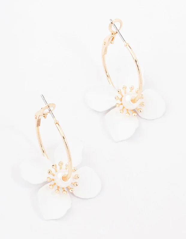 Ruby gem earrings-Gold Pearl Flower Hoop Earrings