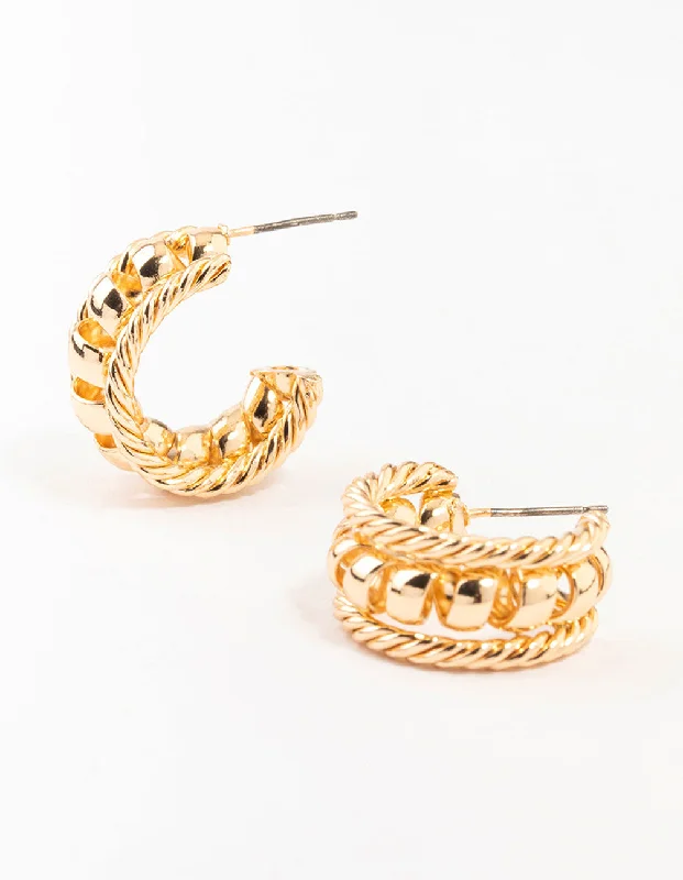 High gloss earrings-Gold Twisted Rope & Ball Hoop Earrings