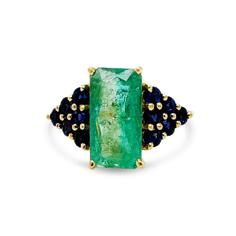 Paraiba Tourmaline Rectangle & Blue Sapphire Round Ring In 18K Yellow Gold