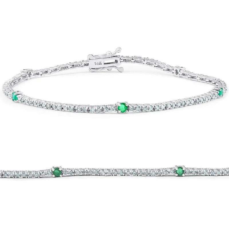 Surf theme bangles-1 1/10 Ct Diamond & Genuine Green Emerald Tennis Bracelet 14k White Gold 7"