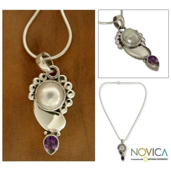 Spirit eye necklaces-Handmade Sterling Silver 'Indian Glory' Amethyst Pearl Necklace (10 mm) (India)