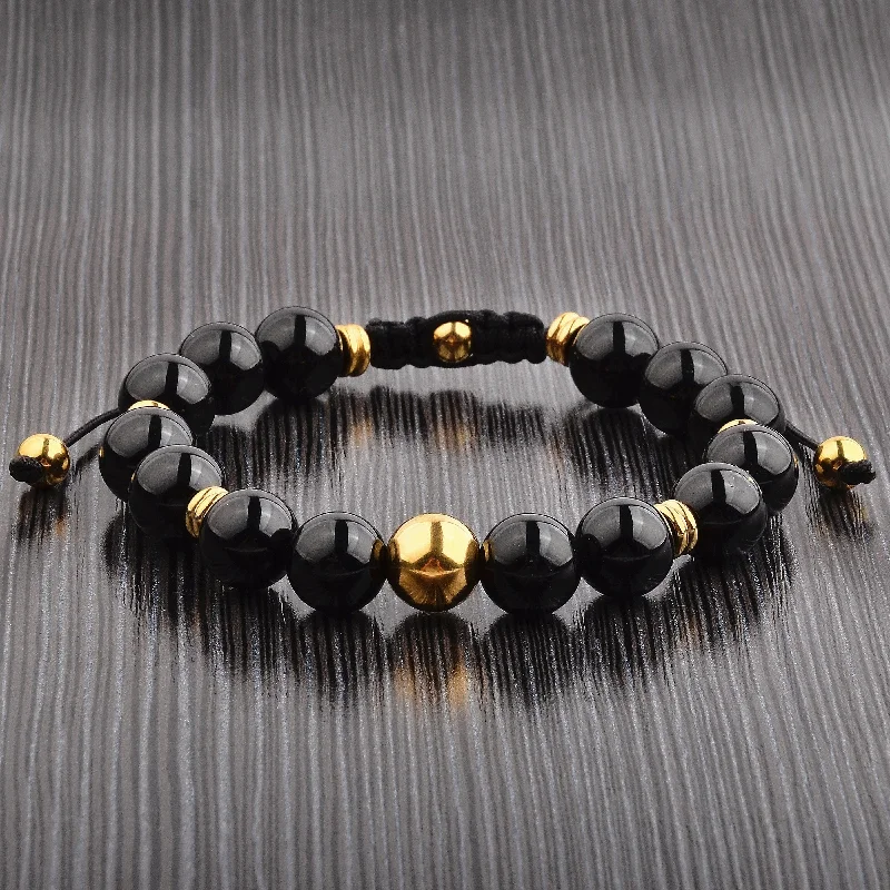 Textured metal bangles-Men's Onyx Stone Gold Plated Steel Adjustable Bracelet (10mm)