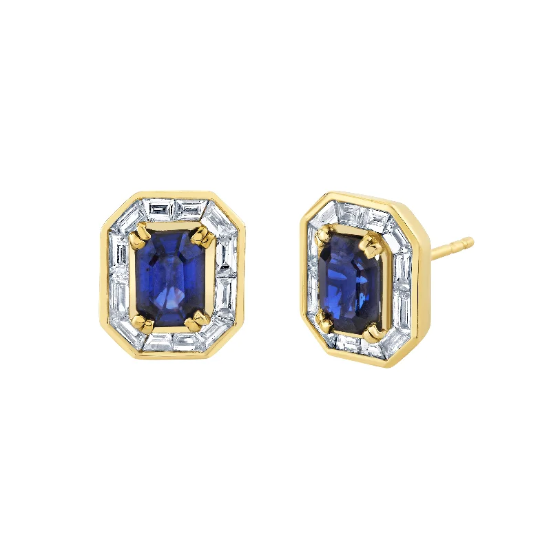 Textured disc earrings-Sapphire and Baguette Diamond Studs