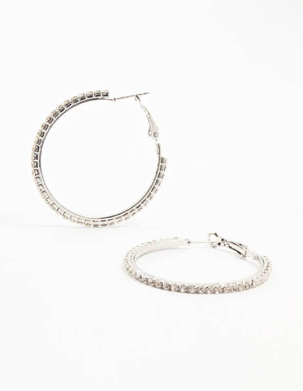 Deco style earrings-Silver Large Skinny Diamante Hoop Earrings