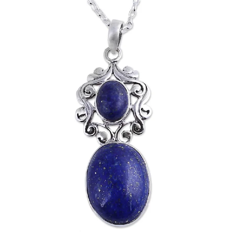 Sleek pendant necklaces-Lapis Lazuli Pendant Necklace, 'Whimsical Tendrils' (India) - 7'6" x 9'6"