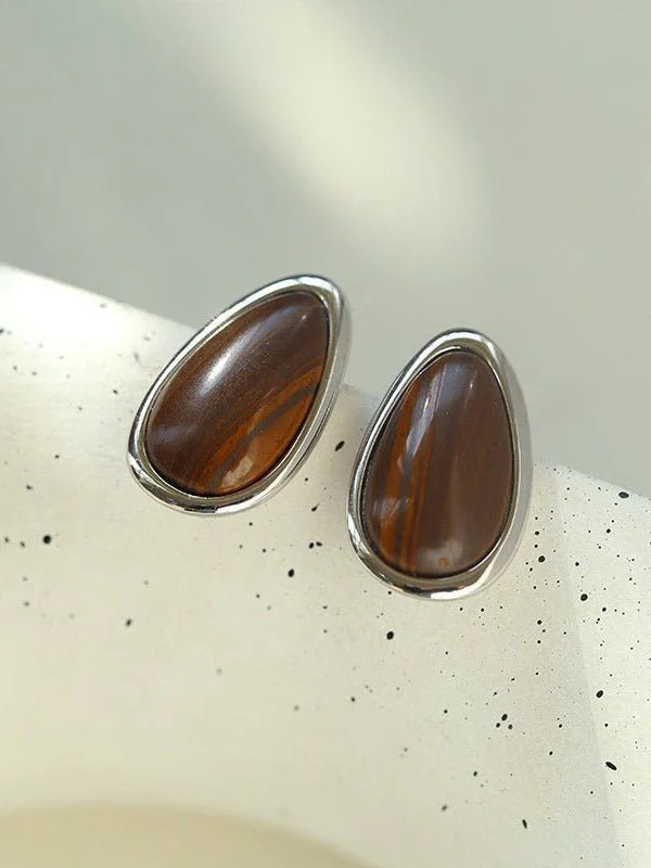 Bead braid earrings-Minimalist 925 Silver Wood Grain Stone Earrings