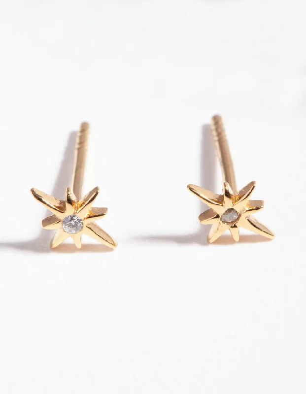 Two-tone earrings-Gold Plated Sterling Silver Cubic Zirconia Starburst Earrings