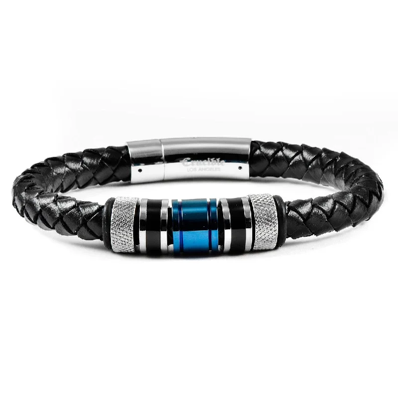 Sleek design bangles-Men's Stainless Steel Beads Black Leather Bracelet (8mm) - 8"