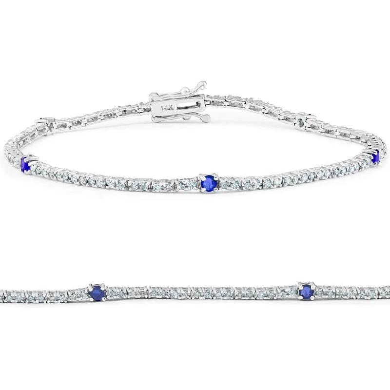 Pure link bangles-14k White Gold 1 1/10ct Diamond/ Blue Sapphire 7-inch Tennis Bracelet