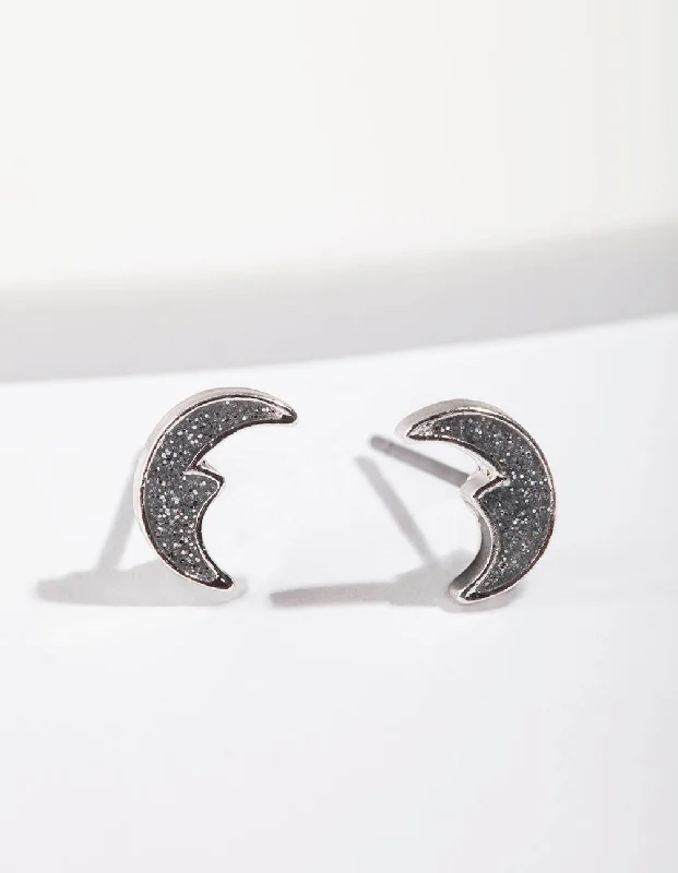 Tiny wing earrings-Silver Glitter Moon Stud Earrings