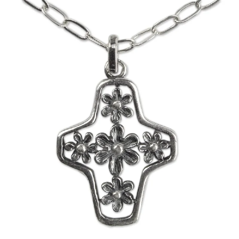 Dainty charm necklaces-Handmade Sterling Silver Cross Necklace, 'Blossoming Faith' (Mexico)