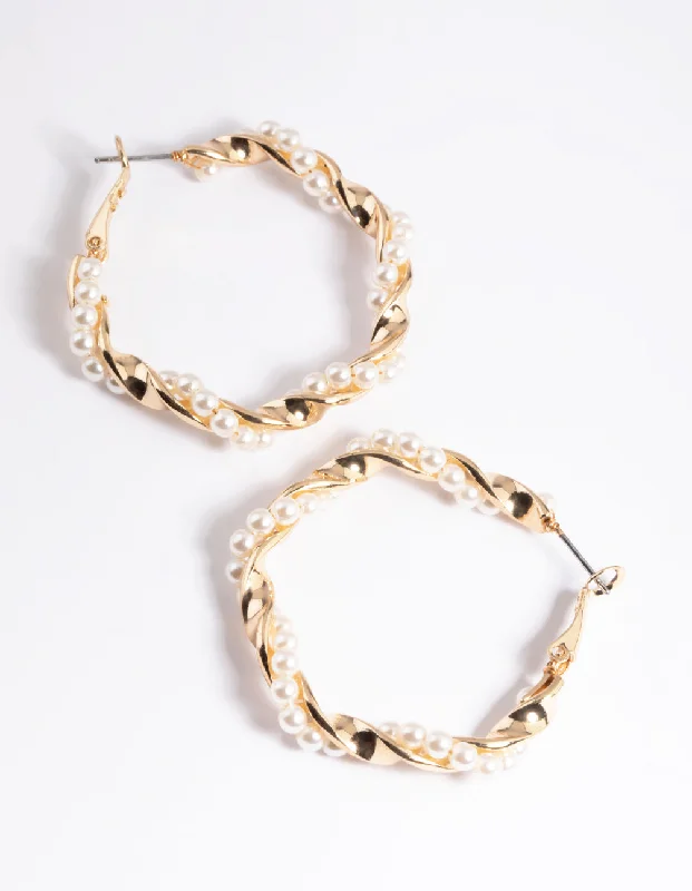 Trekker braid earrings-Gold Pearl Twist Hoop Earrings