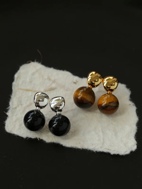 Fine triangle earrings-Black Agate and Tiger's Eye Drop Earrings