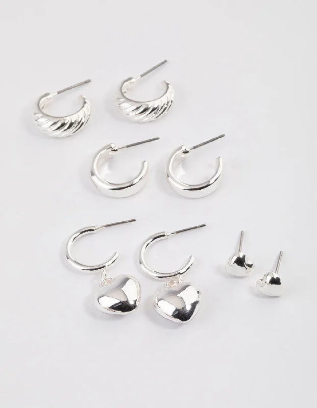 Rough texture earrings-Silver Puffy Heart & Hoop Earrings 4-Pack