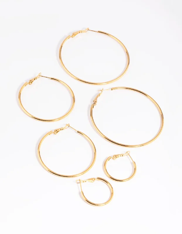 Wide hoop earrings-Waterproof Gold Plated Stainless Steel Thin Hoop Earring Pack