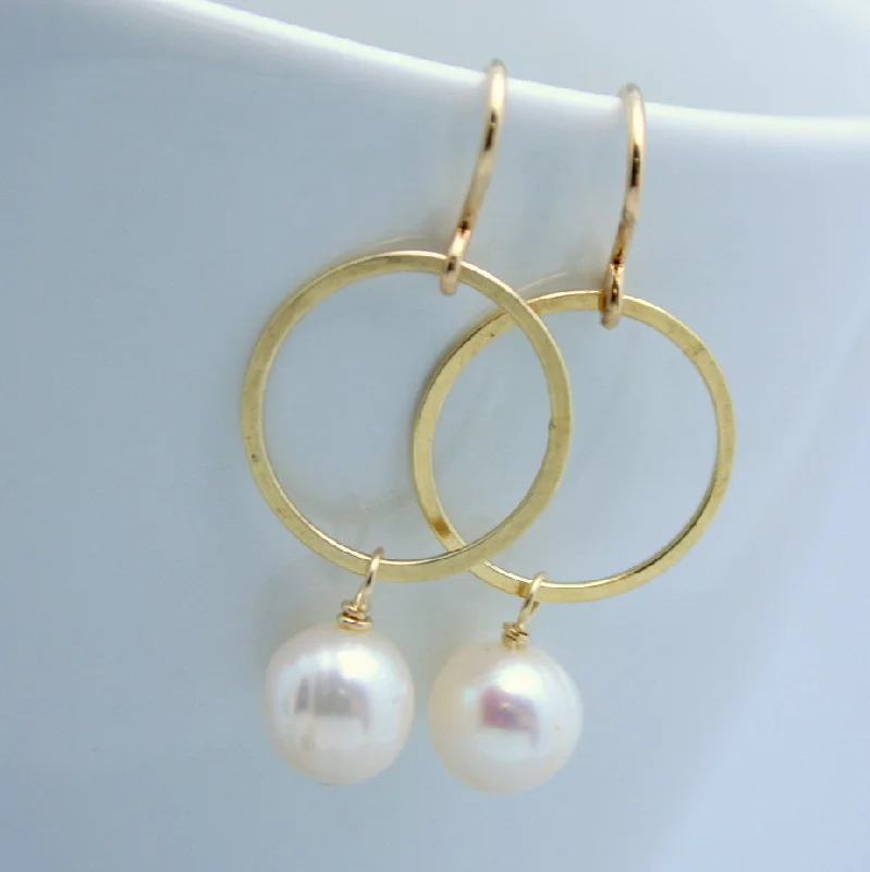 Aged bronze earrings-Bella - White Pearl