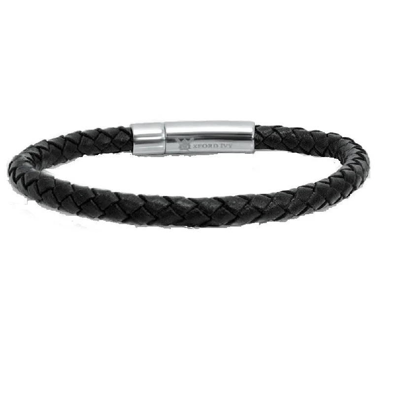 Light clay bangles-Oxford Ivy Black Leather and Stainless Steel Men's Bracelet 8 1/2 inch with Locking Clasp