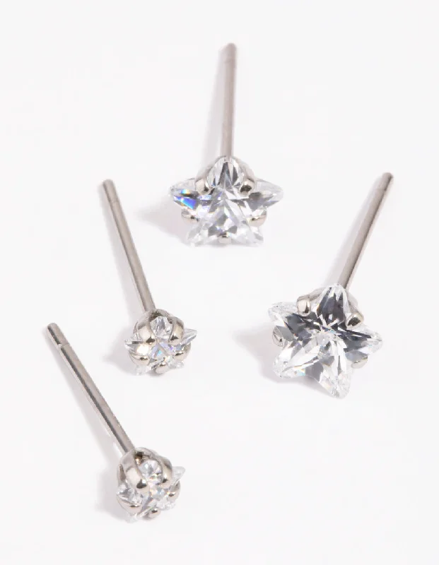 Polished art earrings-Surgical Steel Diamante Star Stud Earring Pack