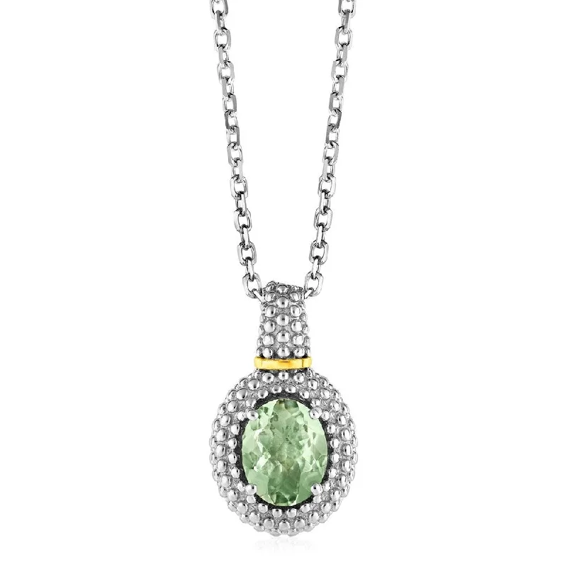 Spring clasp necklaces-Necklace with Oval Green Amethyst Pendant in Sterling Silver and 18k Yellow Gold