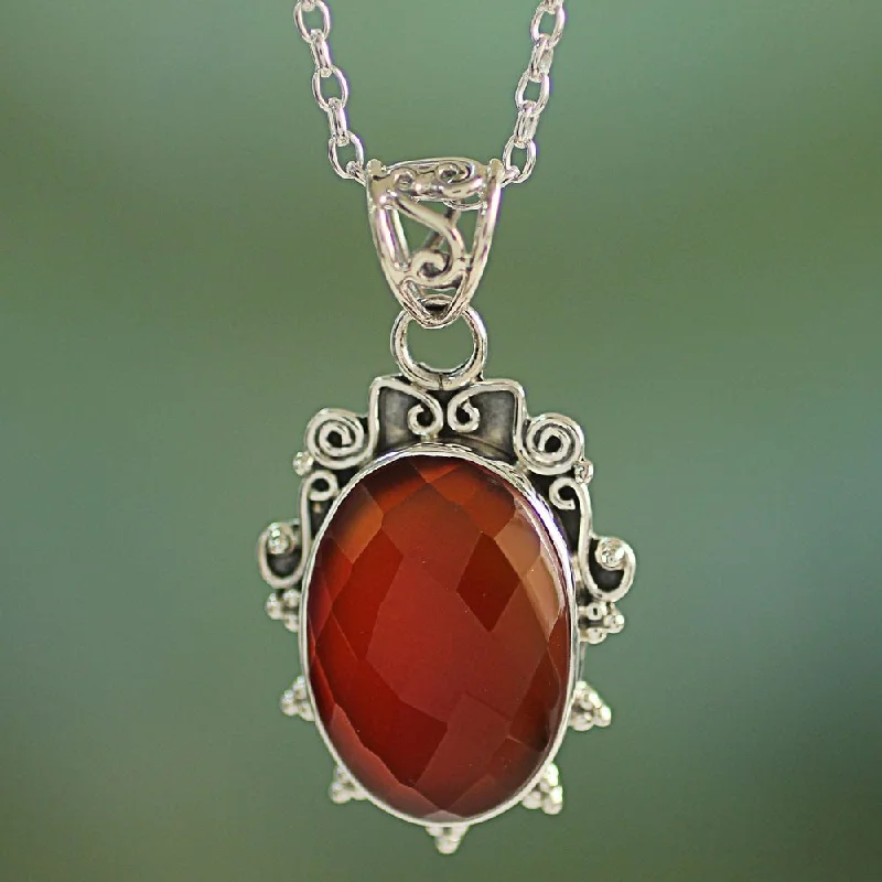 Solid bar necklaces-Handmade Sterling Silver 'Glow of Embers' Carnelian Necklace (India) - 7'6" x 9'6"