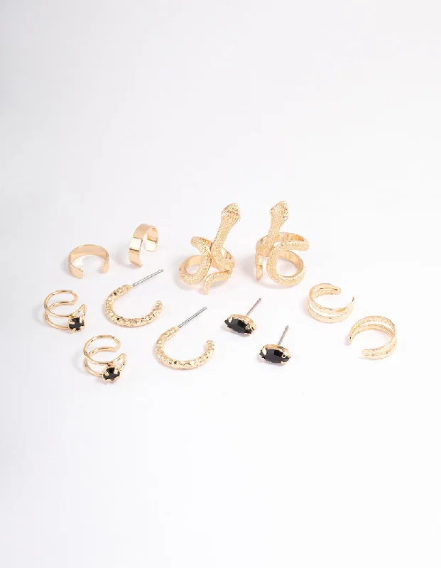 Thin threader earrings-Black Serpent Cuff Earrings 6-Pack