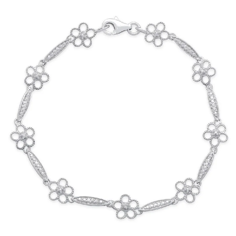 Cotton cord bangles-Finesque Sterling Silver Diamond Accent Milligrain Flower Bracelet