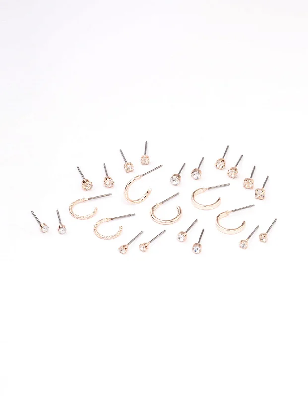 Light drop earrings-Rose Gold Diamante Stud & Hoop Earring 12-Pack