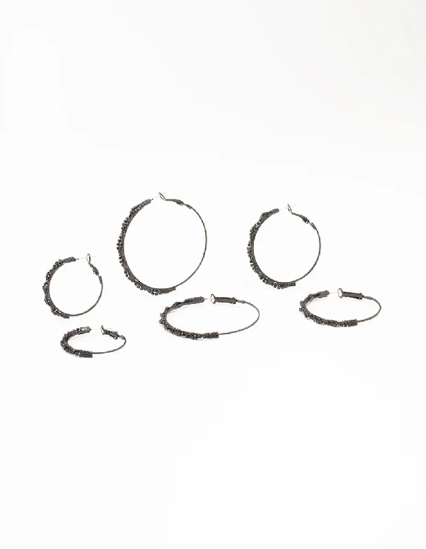 Oval dangle earrings-Black Coated Twisted Hoop Earrings 3-Pack