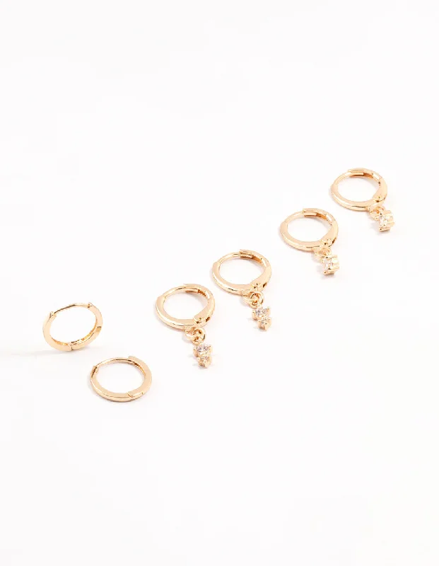 Vivid gem earrings-Gold Dainty & Round Cubic Zirconia Hoop Earrings 3-Pack