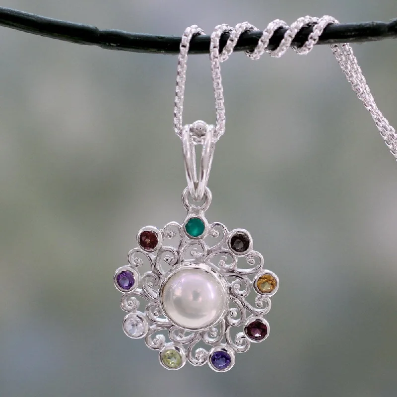 Neat-line necklaces-Handmade Sterling Silver 'Rainbow Halo' Multi-gemstone Necklace (8 mm) (India)