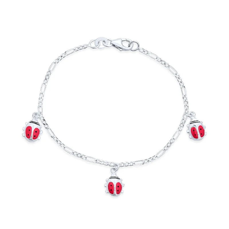 Heavy gem bangles-Pink Ladybug Dangling Charm Bracelet Women .925 Sterling Silver 6 Inch - Silver Red