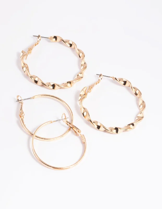 Polished bead earrings-Gold Wide Ribbon Hoop Earring Set