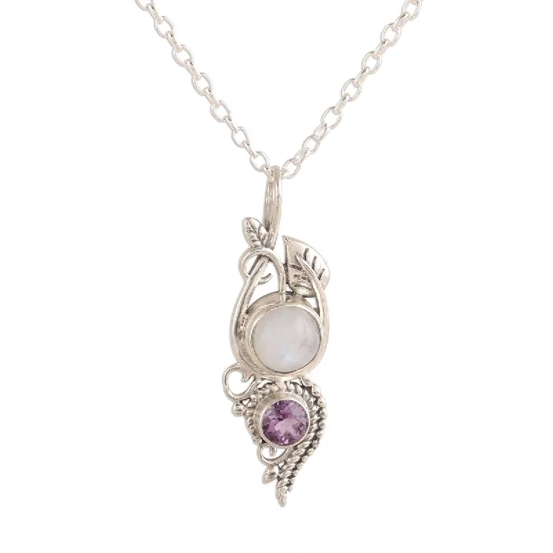 Thin silk necklaces-NOVICA Misty Elegance, Rainbow moonstone and amethyst pendant necklace