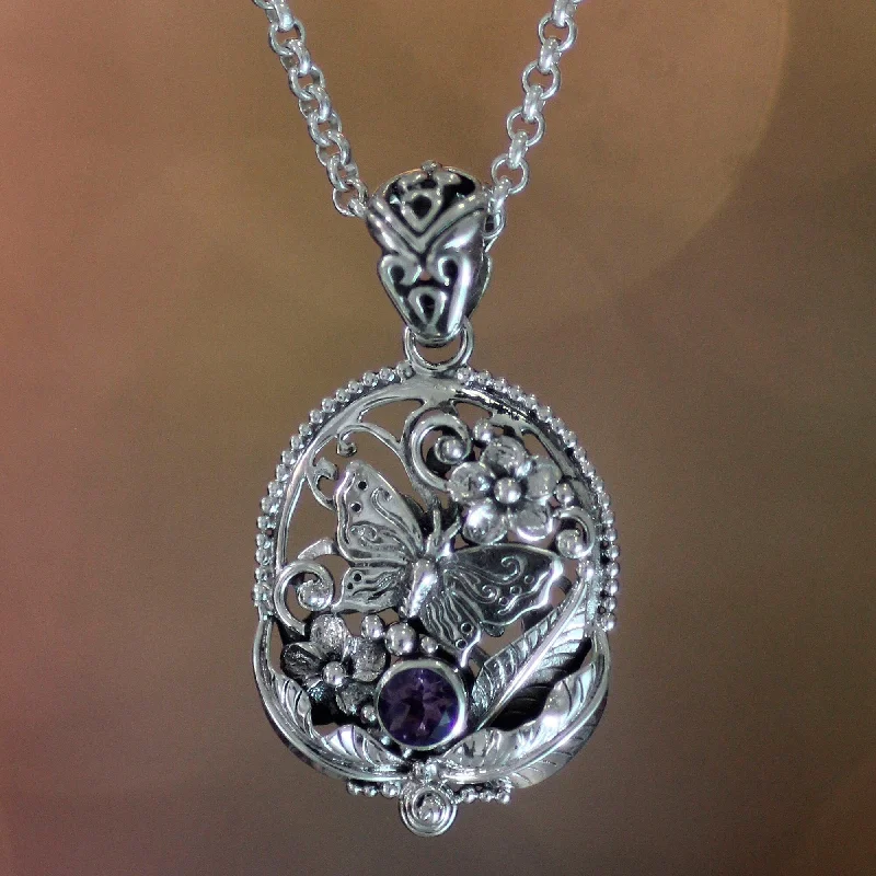 Heavy collar necklaces-Handmade Sterling Silver 'Frangipani Butterfly' Amethyst Necklace (Indonesia)