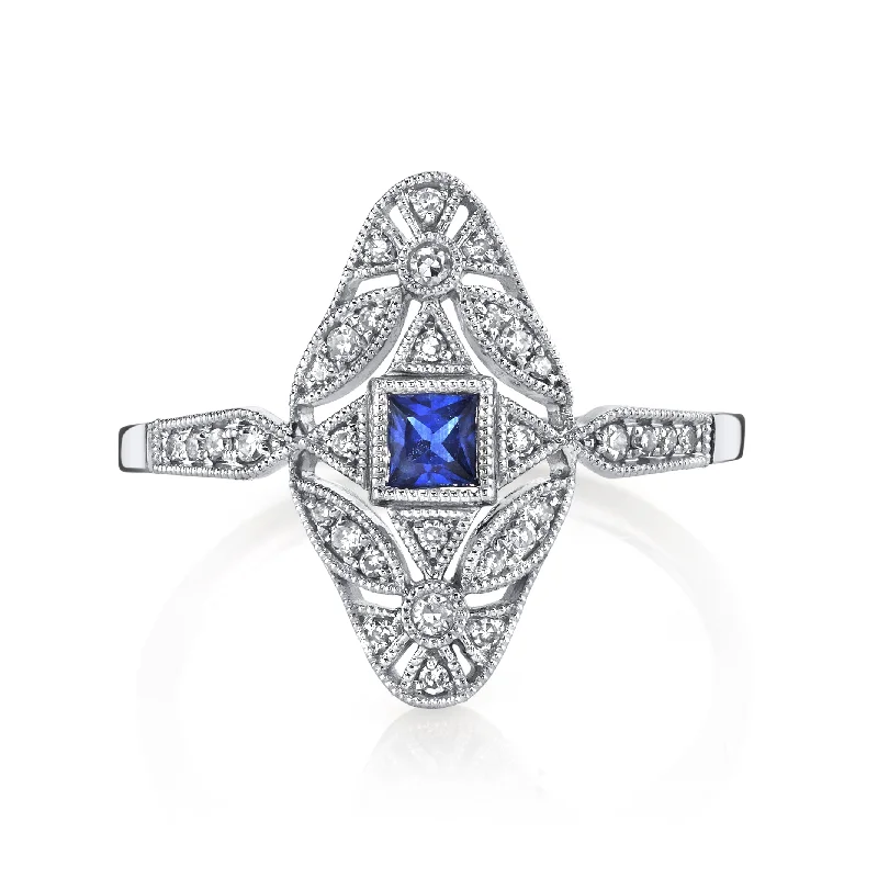 Faith charm engagement rings-14K White Gold 0.20ct. Sapphire & 0.13ct. Diamond Filigree & Milgrain Detailing Fashion Ring