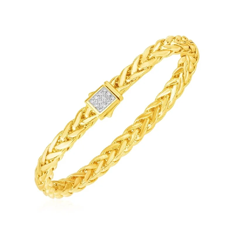 Vivid diamond bangles-Polished Woven Rope Bracelet with Diamond Accented Clasp in 14k Yellow Gold